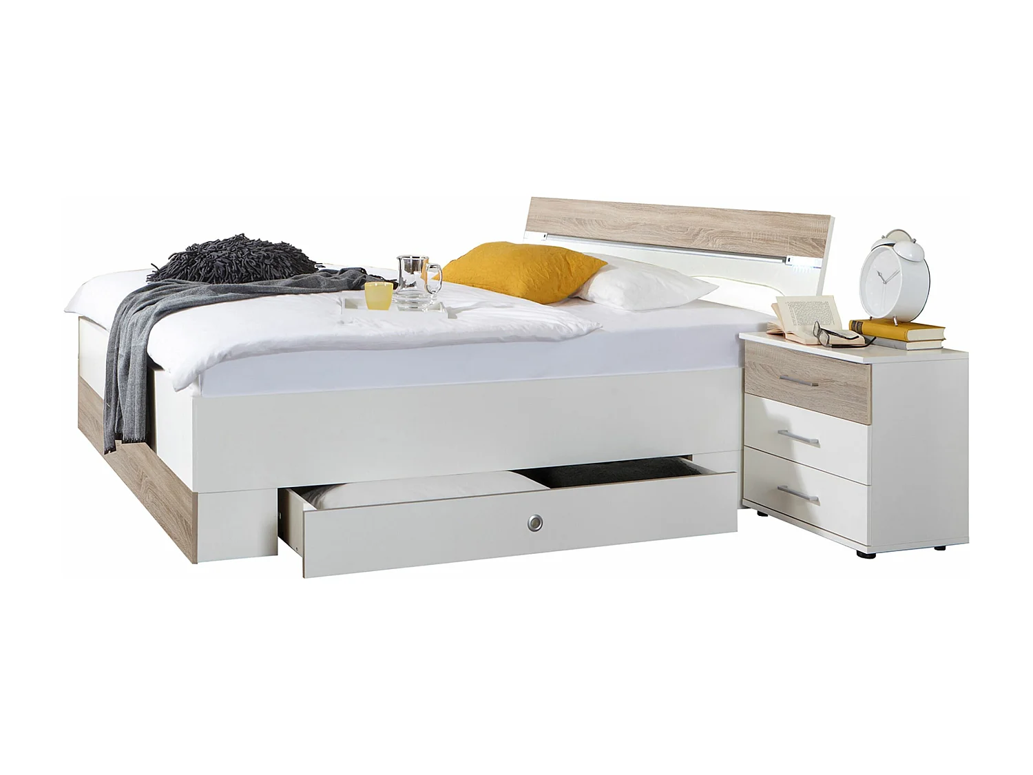 Lit adulte double 180x200 cm King Size + 2 chevets + 2 tiroirs coloris blanc /imitation chêne