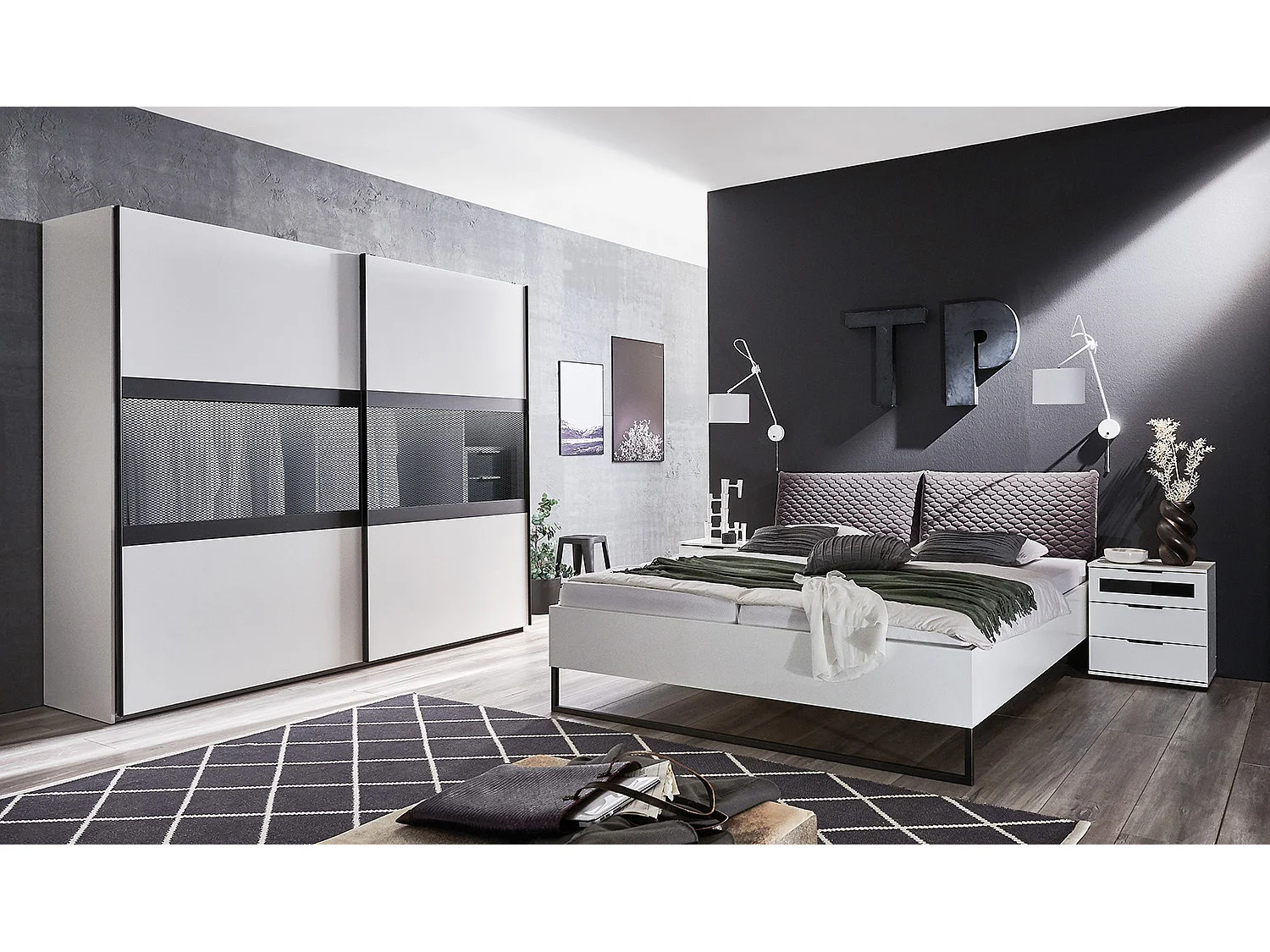 Lit adulte + 2 chevets coloris blanc, rechampis graphite - L. 289 x P. 210 x H. 92 cm