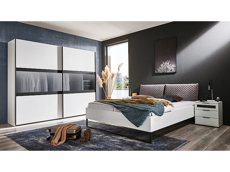 Lit adulte + 2 chevets coloris blanc, rechampis graphite - L. 289 x P. 210 x H. 92 cm