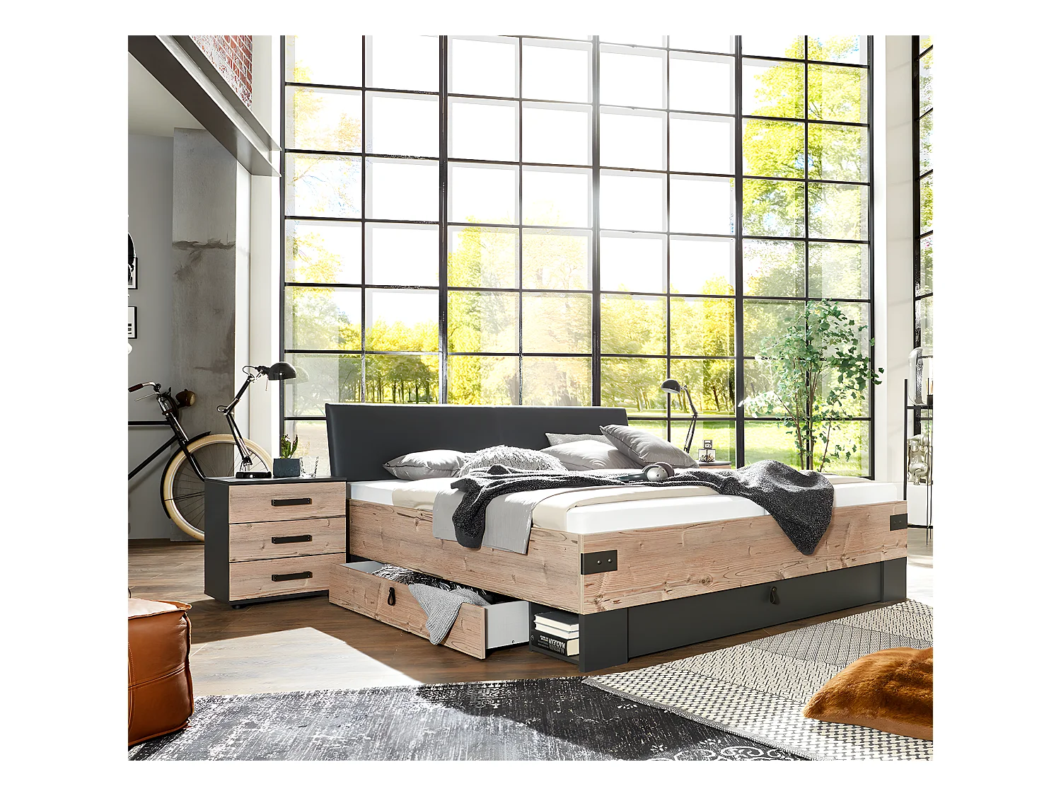 Lit adulte double + 2 chevets coloris imitation chêne/gris foncé - L. 169 x P. 210 x H. 96 cm