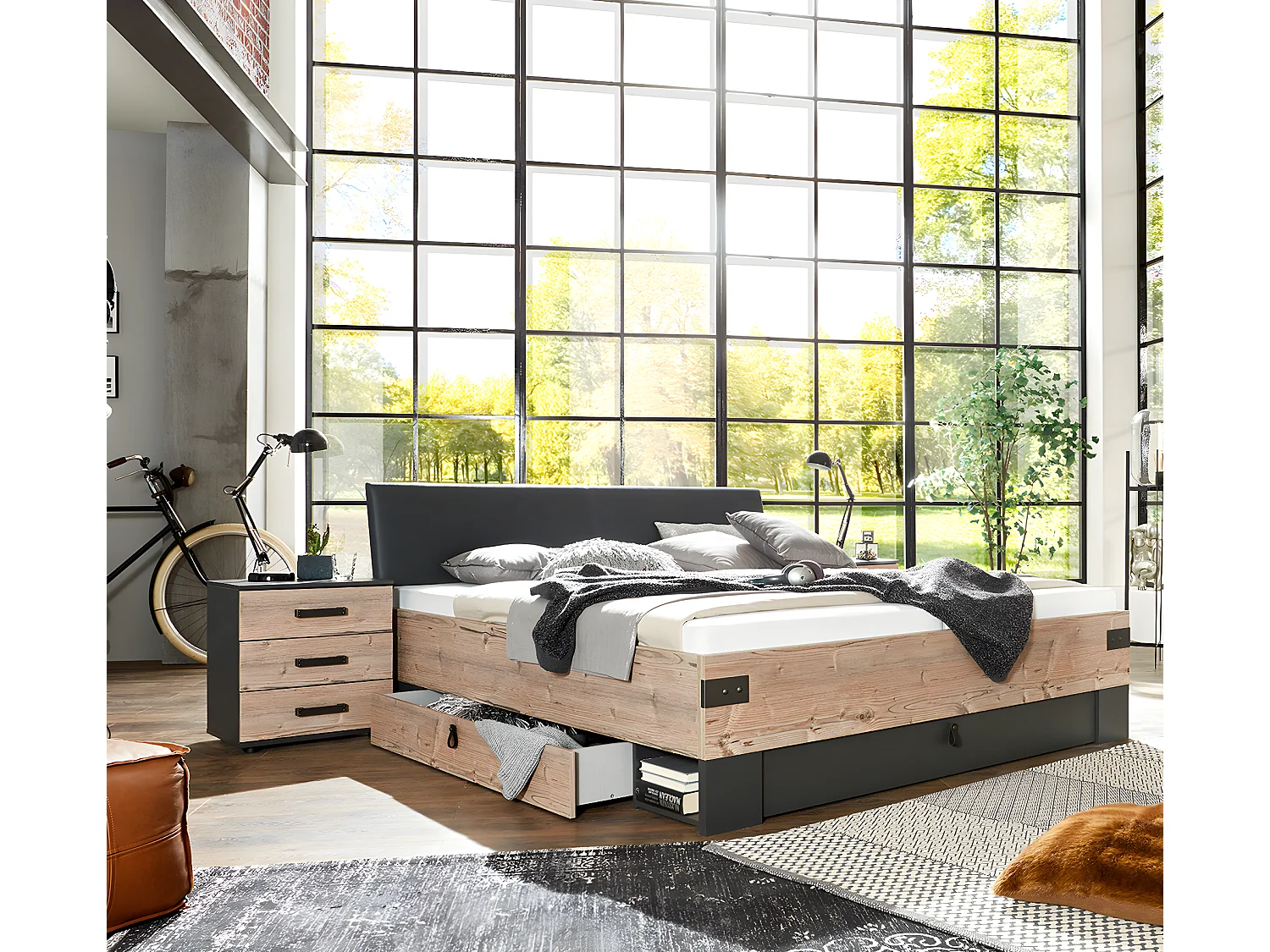 Lit adulte double + 2 chevets coloris imitation chêne/gris foncé - L. 169 x P. 210 x H. 96 cm