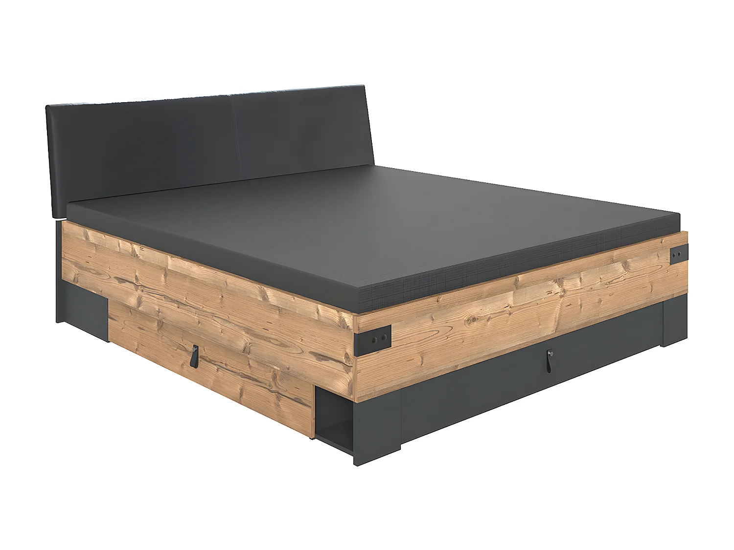 Lit adulte double + 2 chevets coloris imitation chêne/gris foncé - L. 169 x P. 210 x H. 96 cm