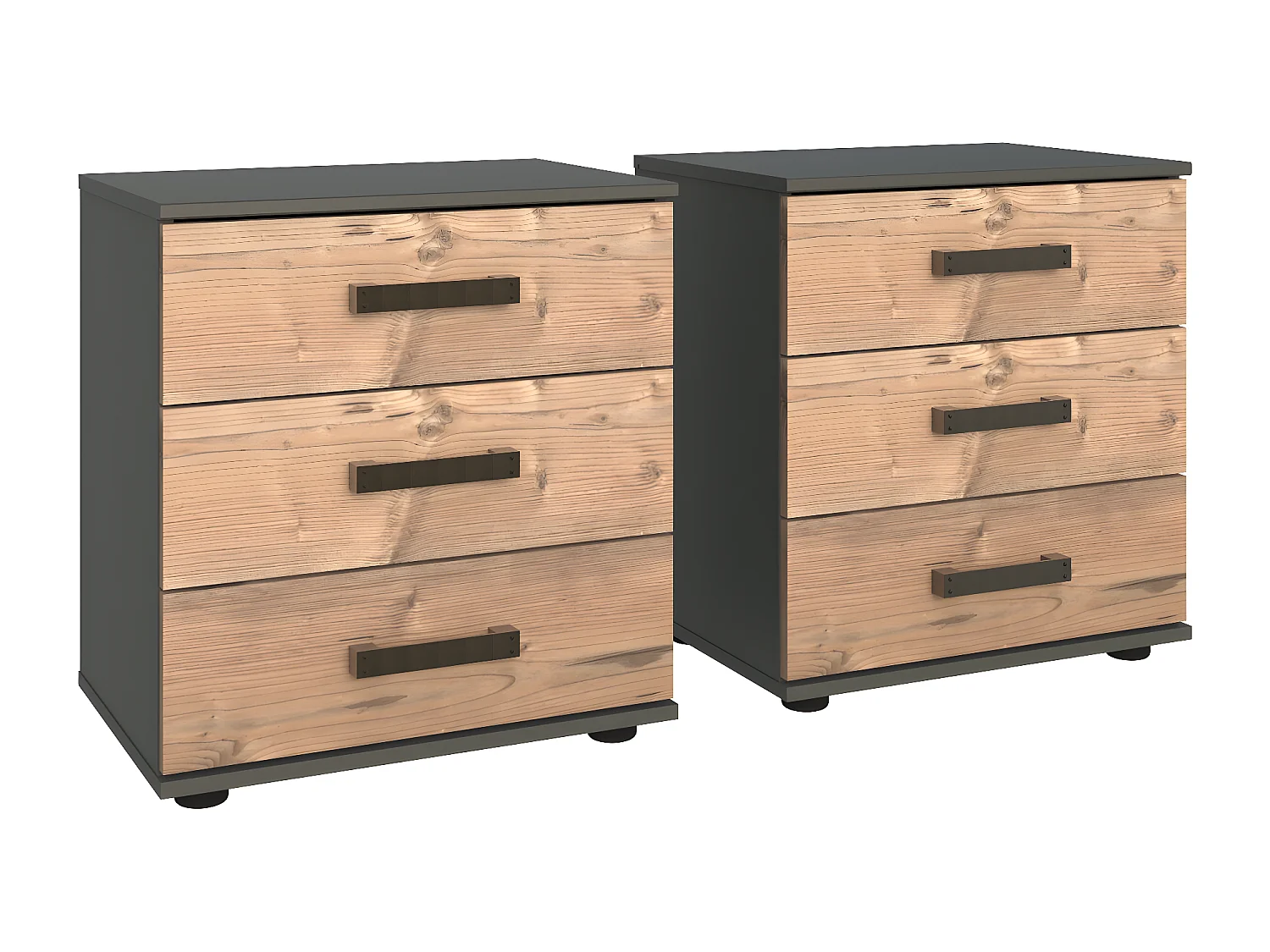 Lit adulte double + 2 chevets coloris imitation chêne/gris foncé - L. 169 x P. 210 x H. 96 cm