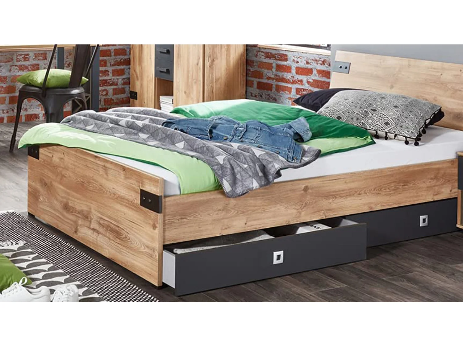 Lit adulte imitation chêne poutre, rechampis graphite - Longueur 140 x largeur 200 cm