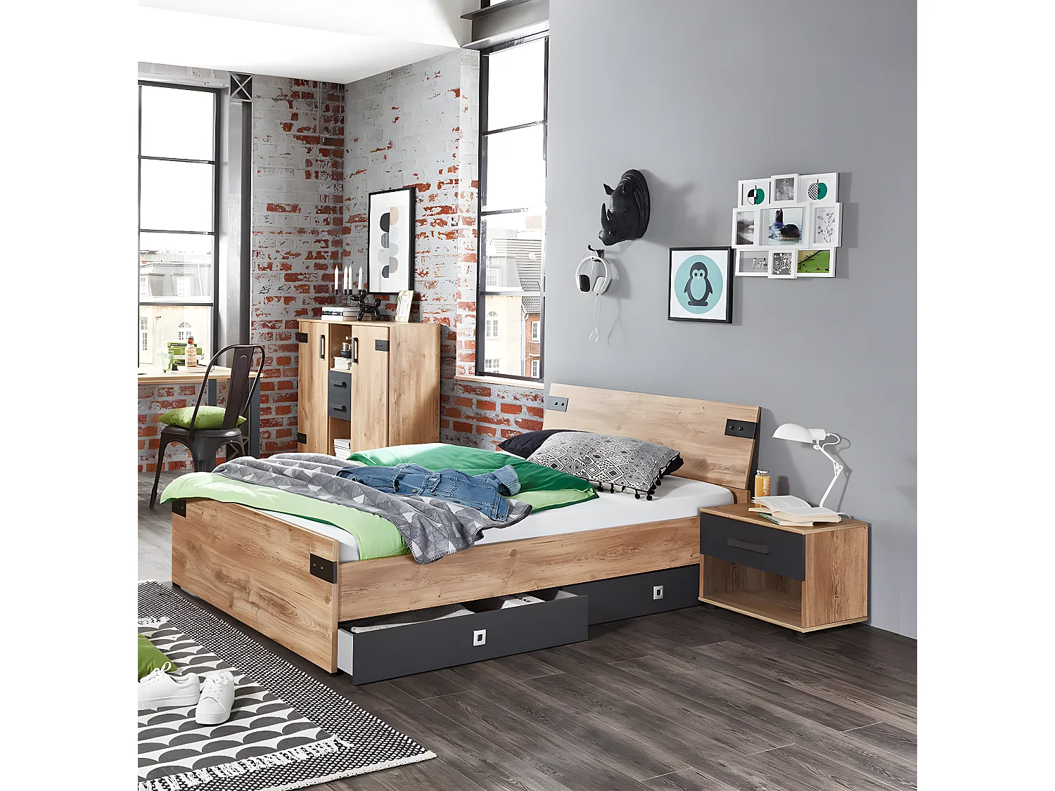 Lit adulte imitation chêne poutre, rechampis graphite - Longueur 140 x largeur 200 cm