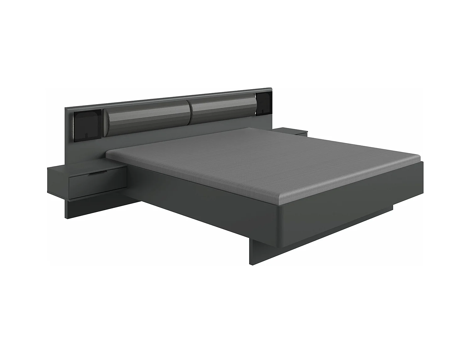 Lit adulte double King Size 180 x 200cm + 2 chevets + 2 tiroirs lit coloris gris graphite