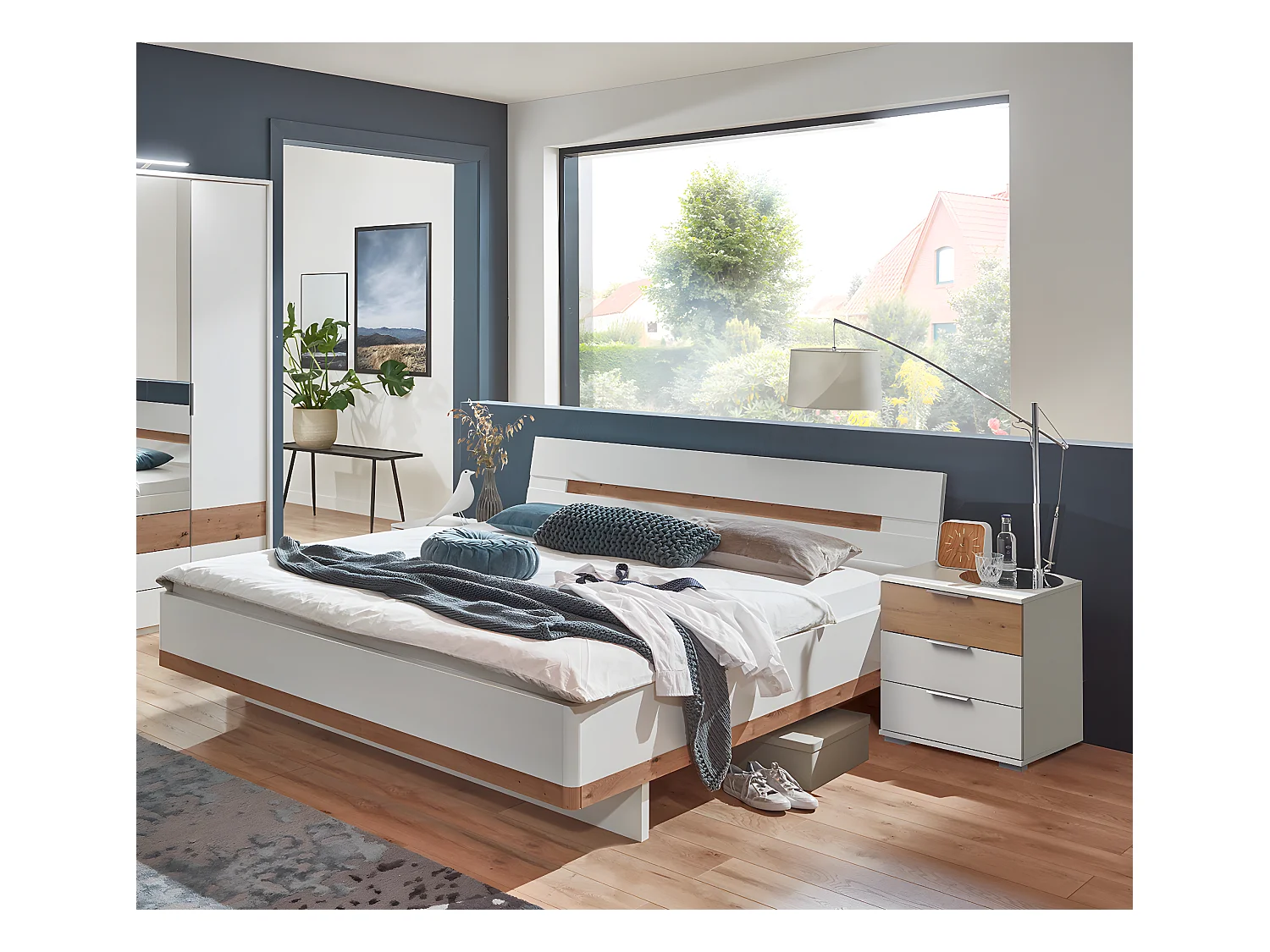 Lit adulte double 160x200cm Queen Size + 2 chevets coloris blanc/imitation chêne artisan