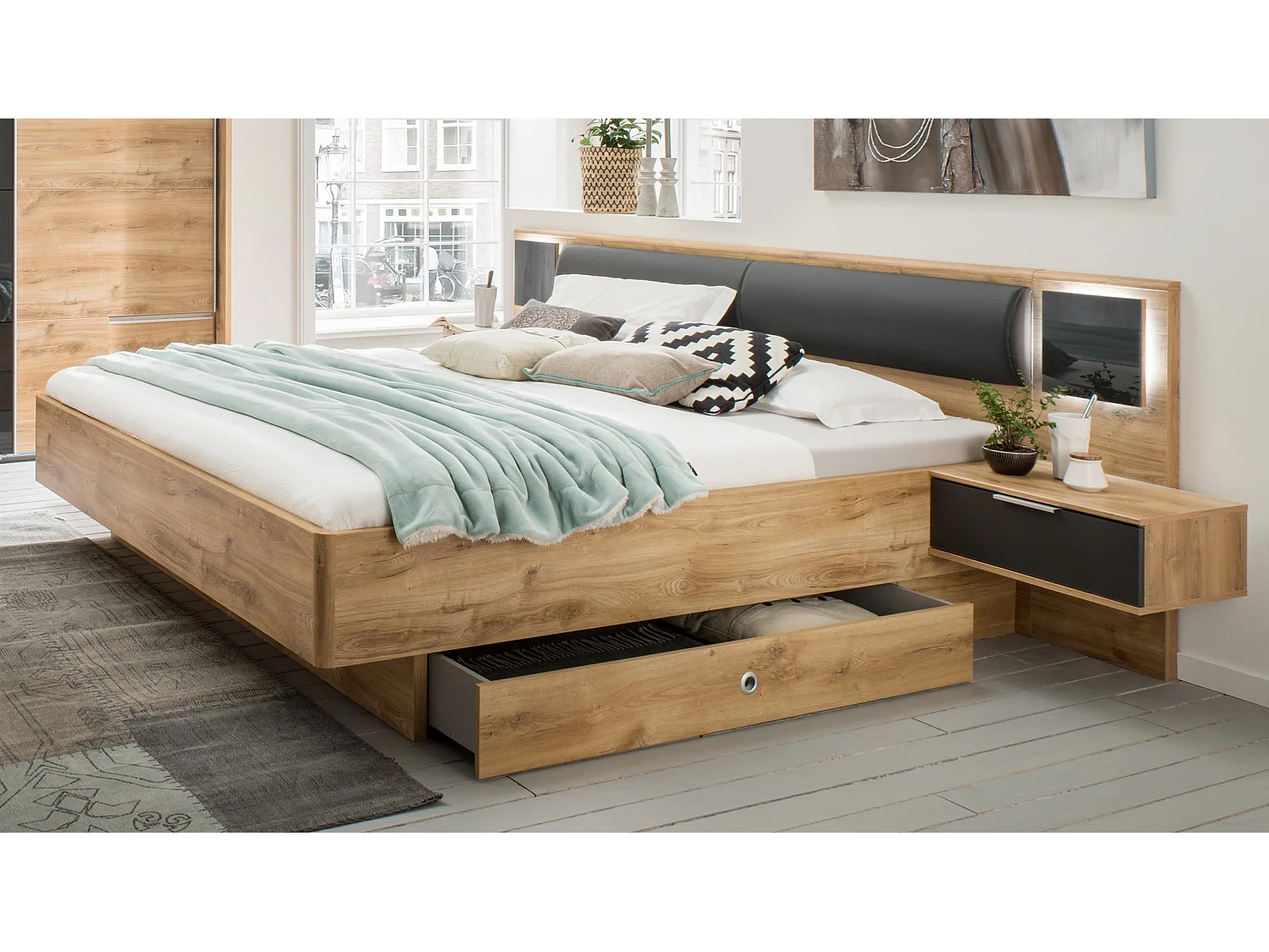 Lit futon avec 2 chevets Imitation chêne poutre - Dim : 180 x 200 cm