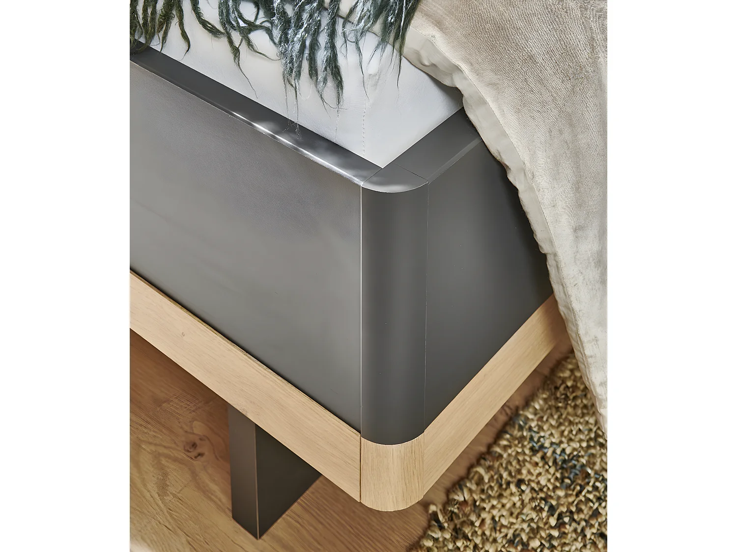 Lit adulte double 180x200cm King Size + 2 chevets coloris graphite/imitation chêne artisan