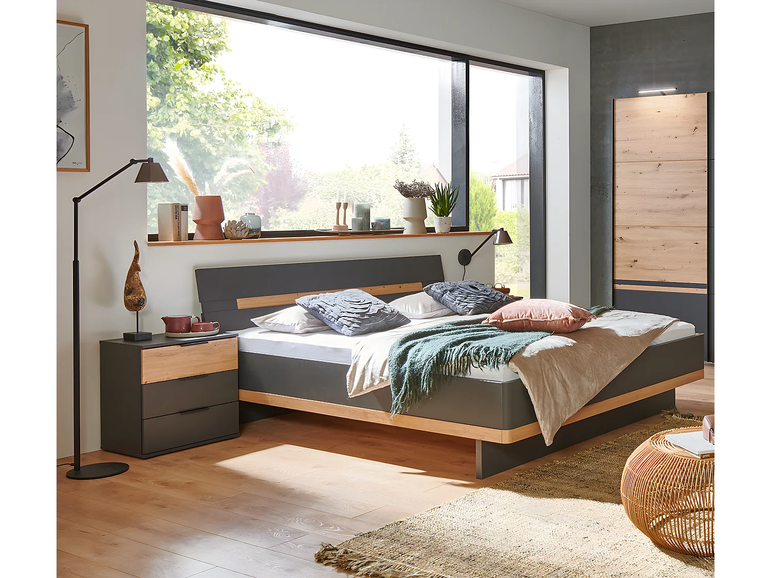 Lit adulte double 180x200cm King Size + 2 chevets coloris graphite/imitation chêne artisan