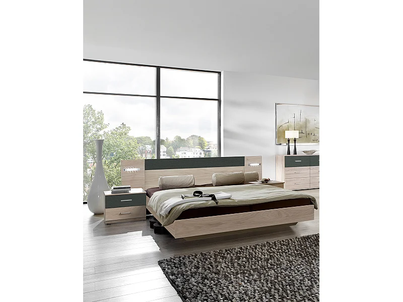 Ensemble Lit adulte avec LED et 2 chevets coloris Imitation chêne Hickory rechampis graphite - 180 x 200 cm