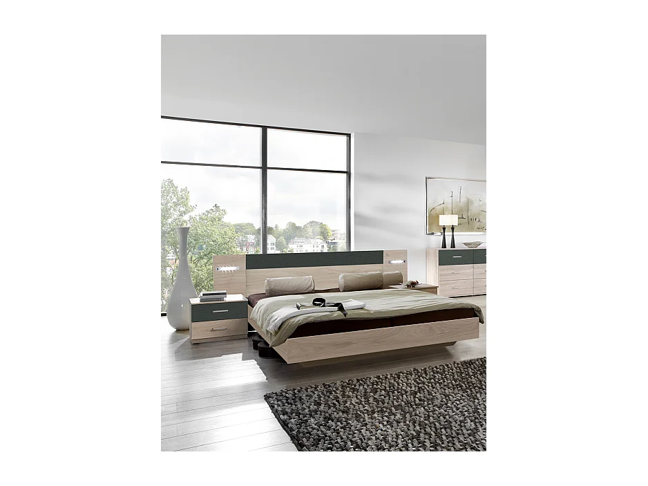 Ensemble Lit adulte avec LED et 2 chevets coloris Imitation chêne Hickory rechampis graphite - 180 x 200 cm