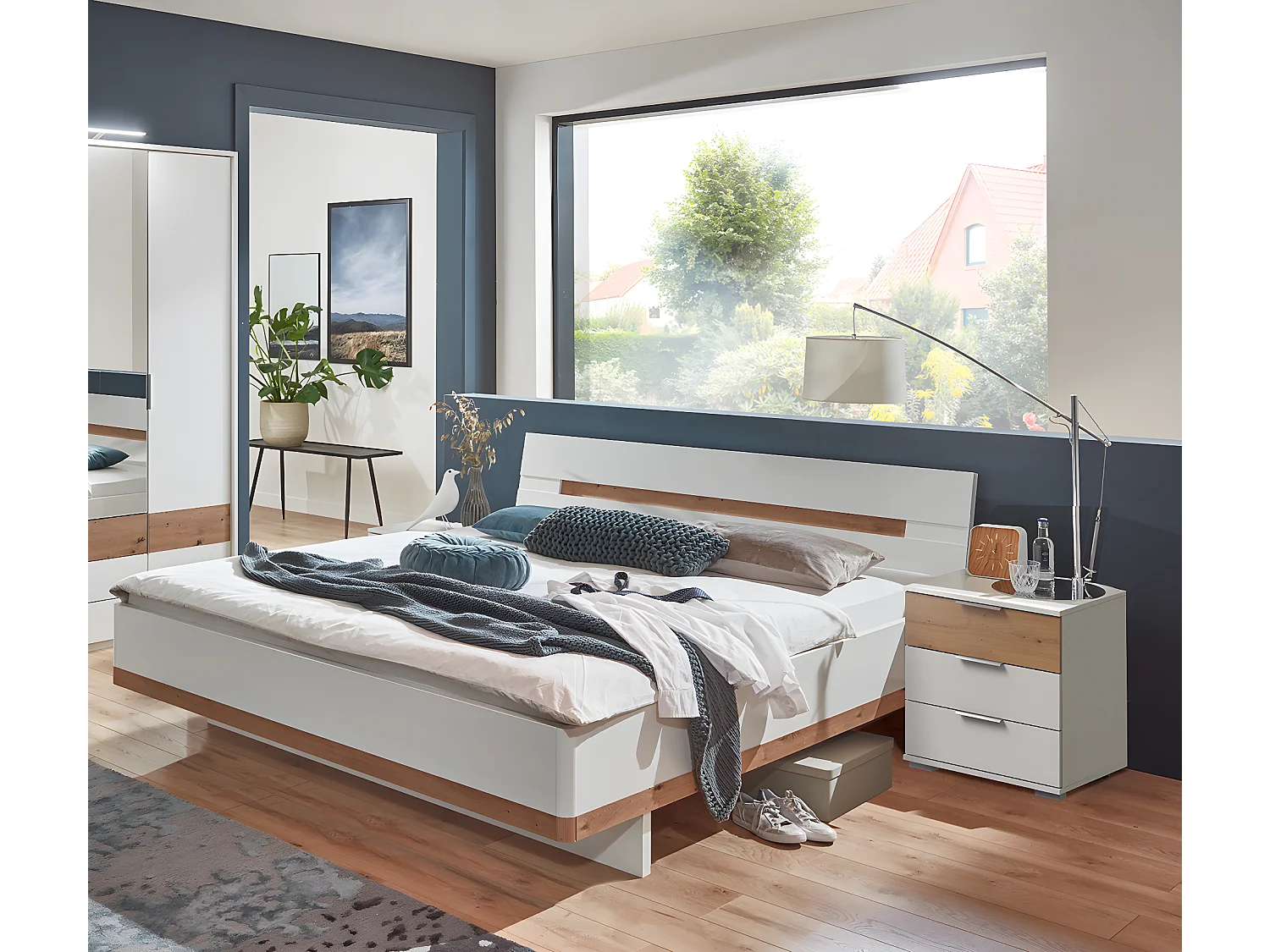 Lit adulte double 180x200cm King Size + 2 chevets coloris blanc/imitation chêne artisan