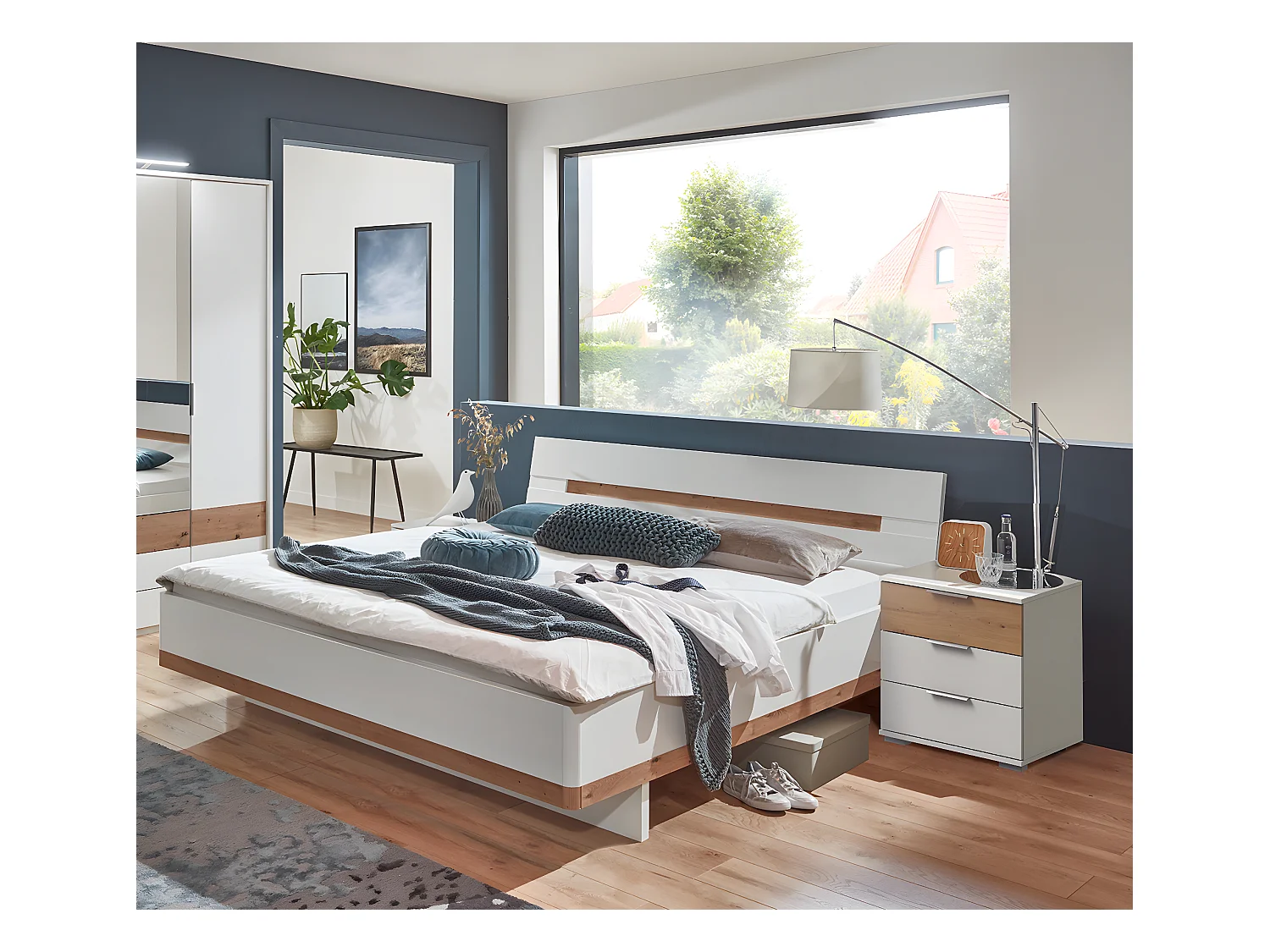 Lit adulte double 180x200cm King Size + 2 chevets coloris blanc/imitation chêne artisan