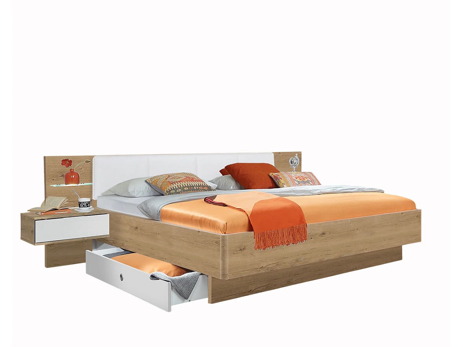 Lit futon + 2 chevets en panneaux de particules imit. chêne poutre/blanc - Dim : 180x200 cm