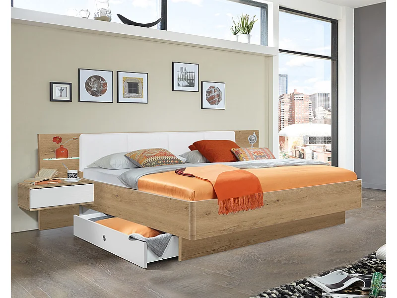 Lit futon + 2 chevets en panneaux de particules imit. chêne poutre/blanc - Dim : 180x200 cm