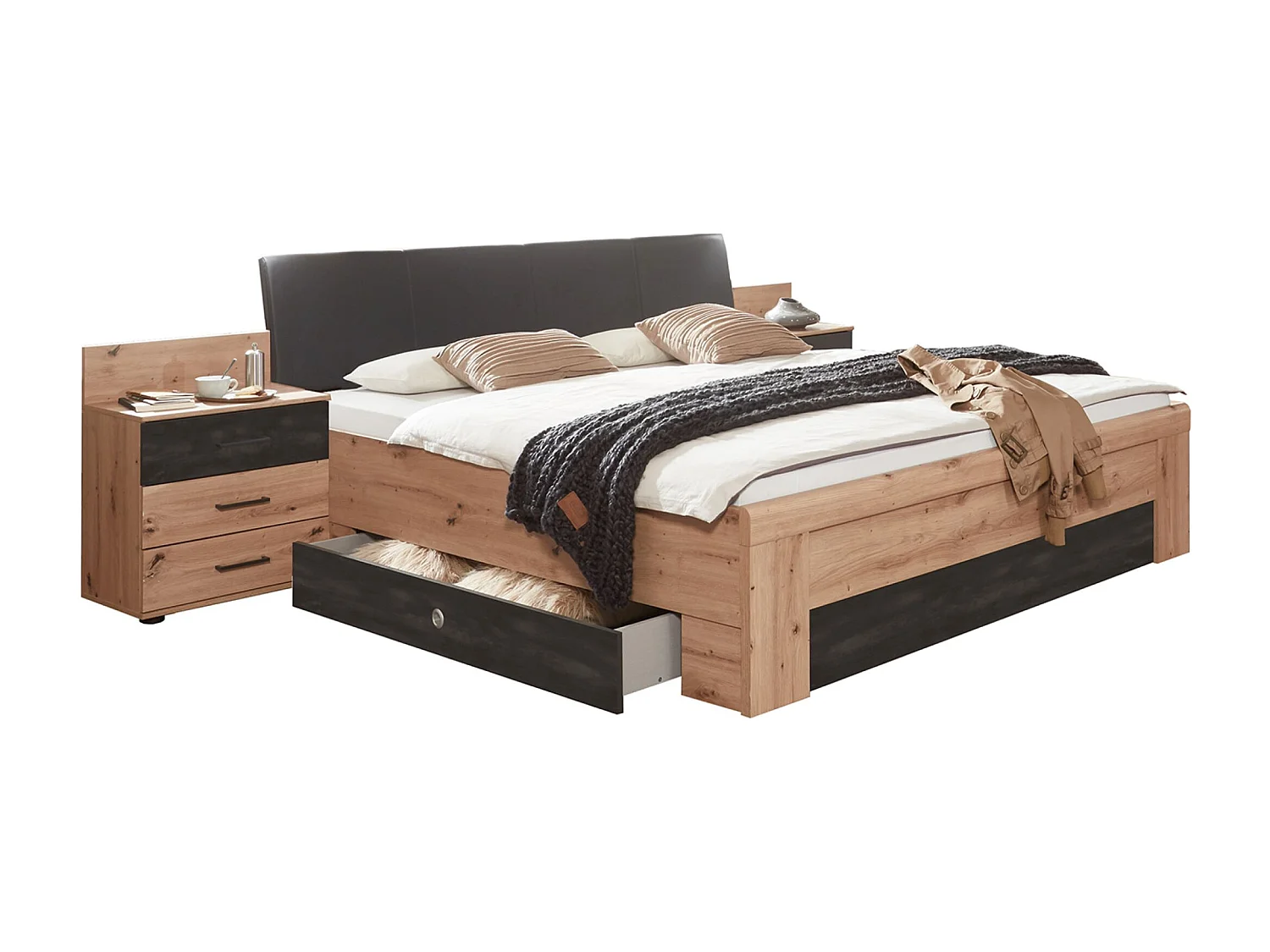 Lit adulte double 180x200 cm King Size + 2 chevets + 2 tiroirs lit