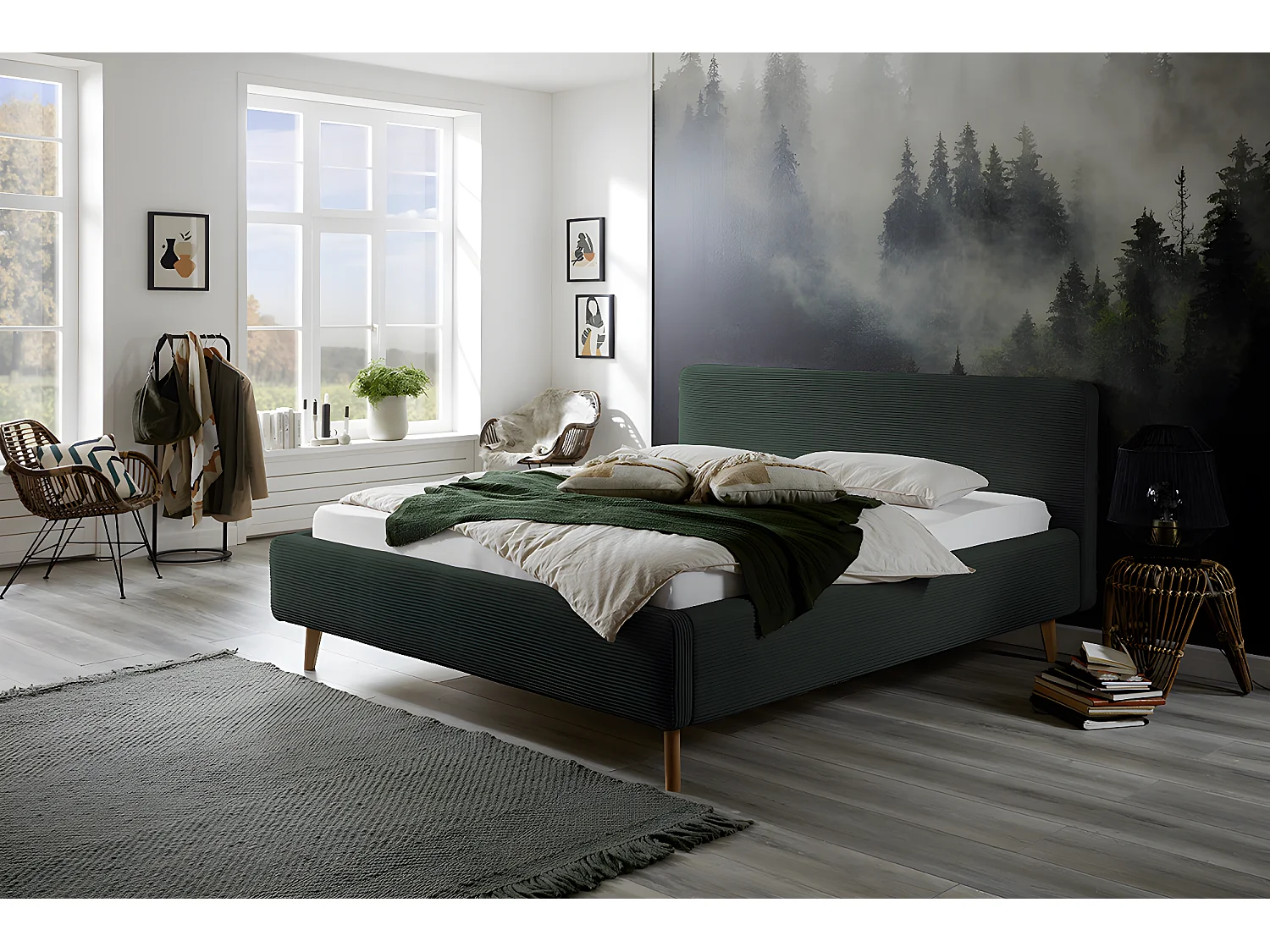 Lit rembourré adulte 160x200cm avec tête de lit en velours côtelé vert foncé