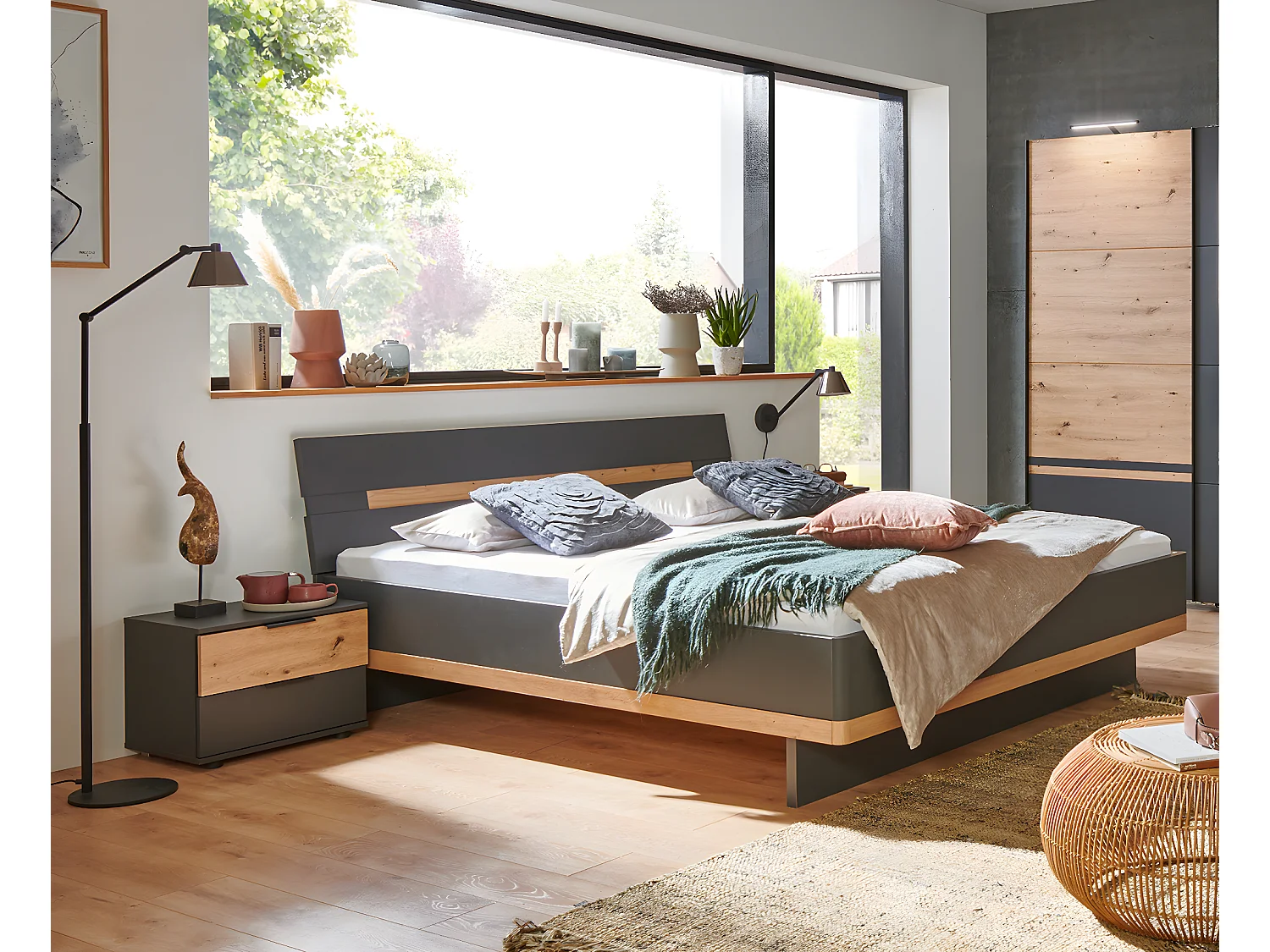 Lit adulte double 160x200 cm Queen Size + 2 chevets coloris graphite/imitation chêne artisan