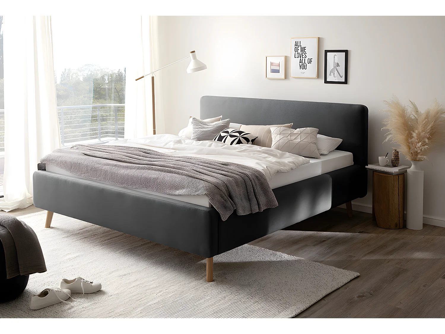 Lit rembourré adulte 180x200cm avec tête de lit en tissu anthracite , sommier et coffre