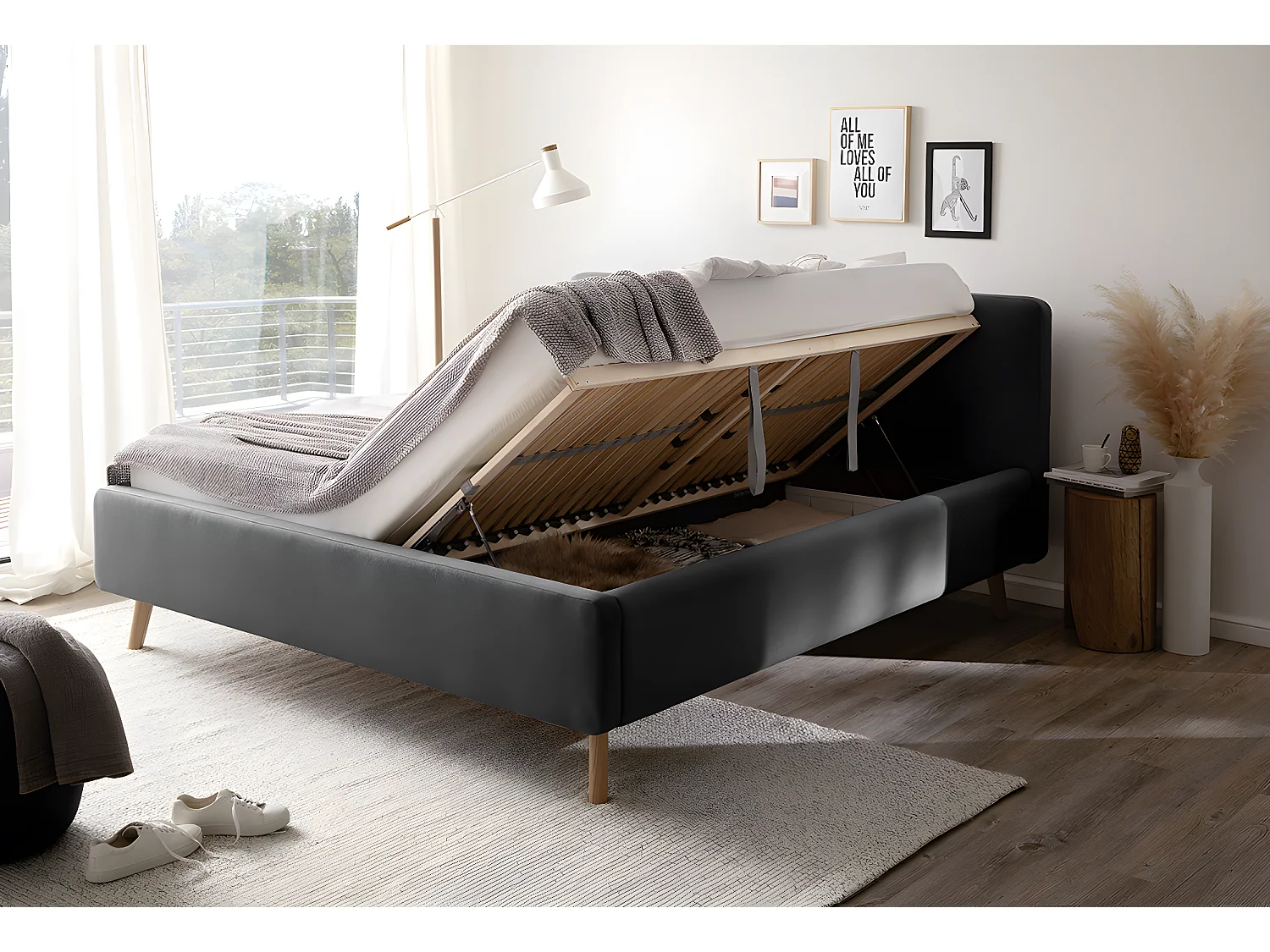 Lit rembourré adulte 180x200cm avec tête de lit en tissu anthracite , sommier et coffre