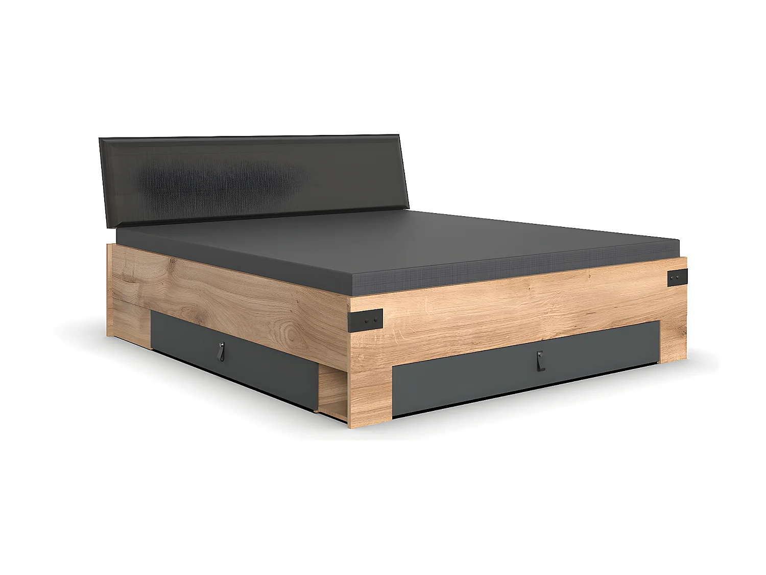 Lit adulte double King Size 180 x 200cm + 2 chevets coloris imitation chêne poutre/graphite