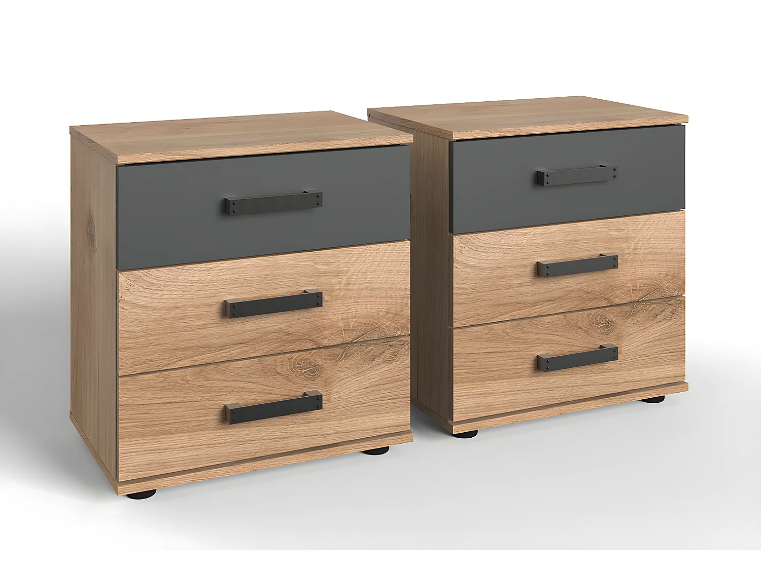 Lit adulte double King Size 180 x 200cm + 2 chevets coloris imitation chêne poutre/graphite