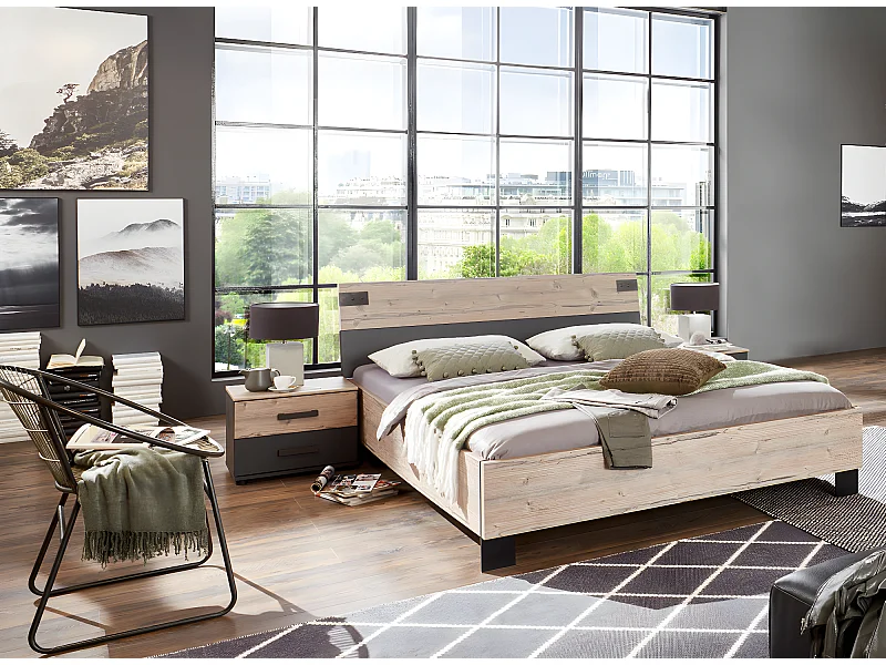 Lit adulte double + chevets coloris chêne - Longueur 168 x Profondeur 210 x Hauteur 94 cm