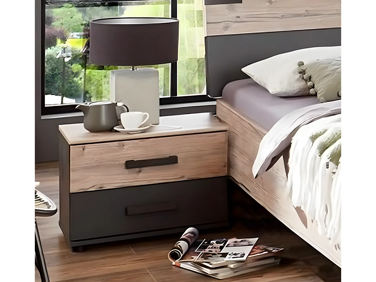 Lit adulte double + chevets coloris chêne - Longueur 168 x Profondeur 210 x Hauteur 94 cm