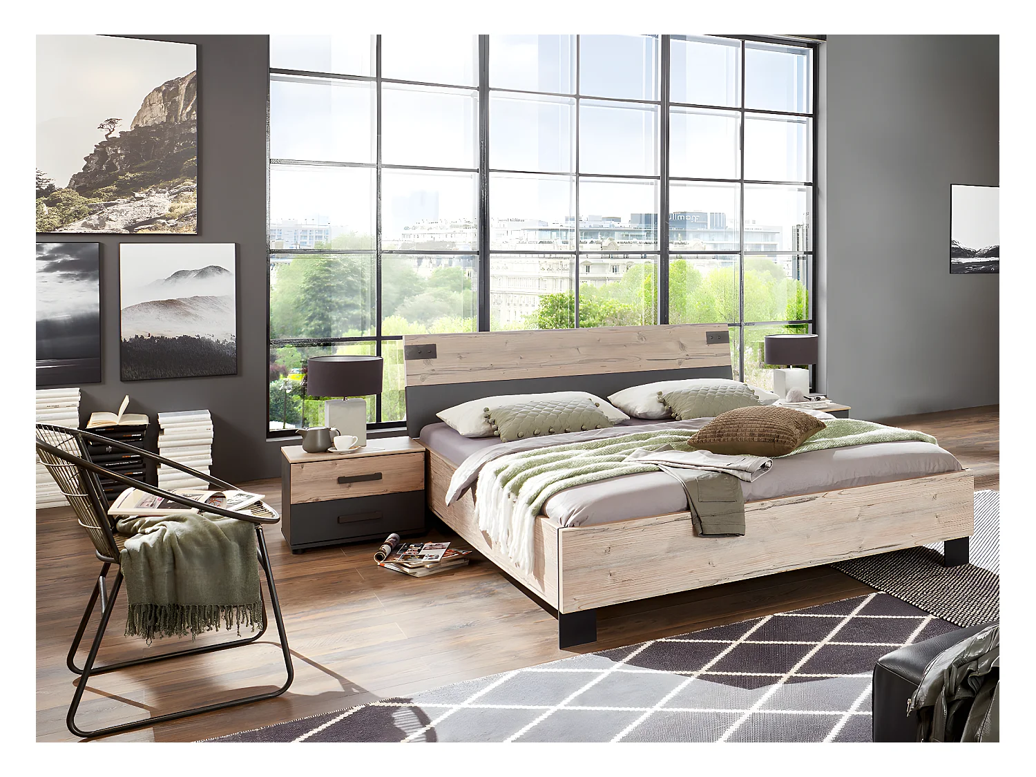 Lit adulte double + chevets coloris chêne - Longueur 168 x Profondeur 210 x Hauteur 94 cm