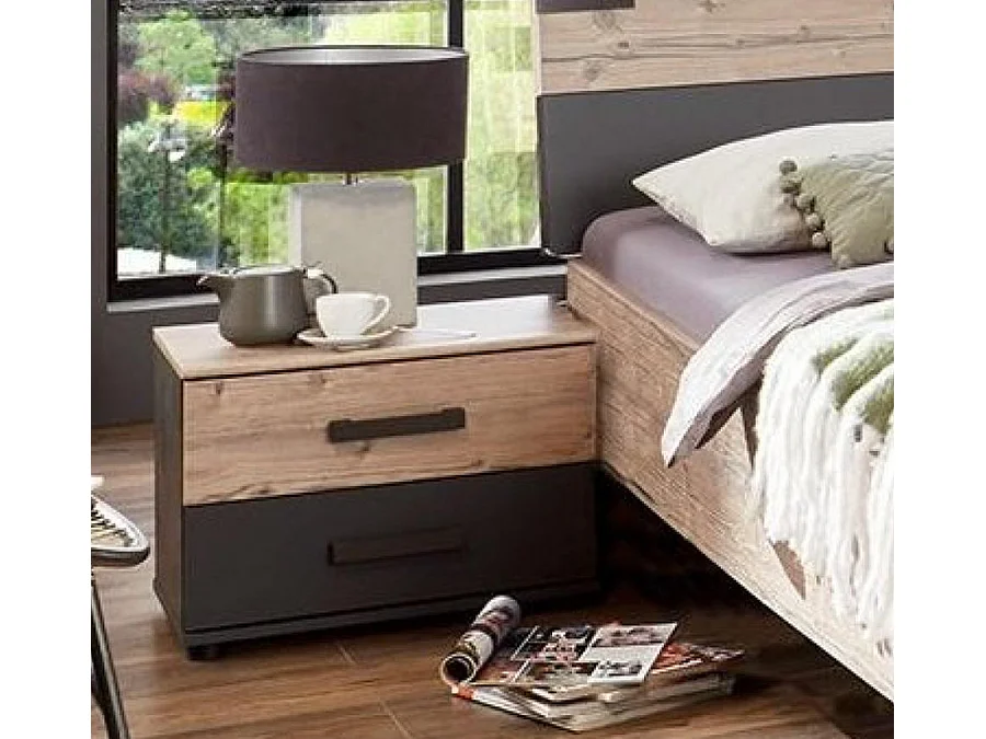 Lit adulte double + chevets coloris chêne - Longueur 168 x Profondeur 210 x Hauteur 94 cm