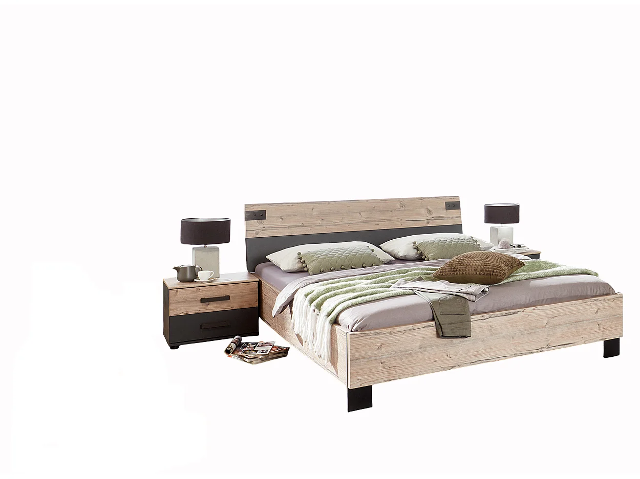 Lit adulte double + chevets coloris chêne - Longueur 168 x Profondeur 210 x Hauteur 94 cm