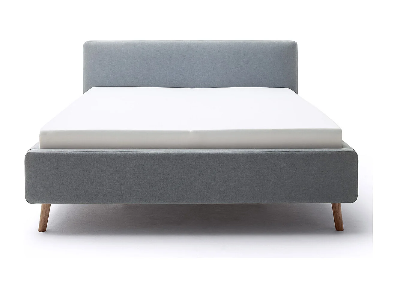 Lit rembourré adulte 160x200cm avec tête de lit en tissu bleu glacier, sommier et coffre