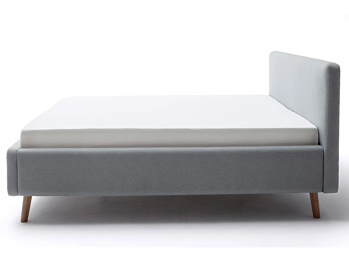 Lit rembourré adulte 160x200cm avec tête de lit en tissu bleu glacier, sommier et coffre