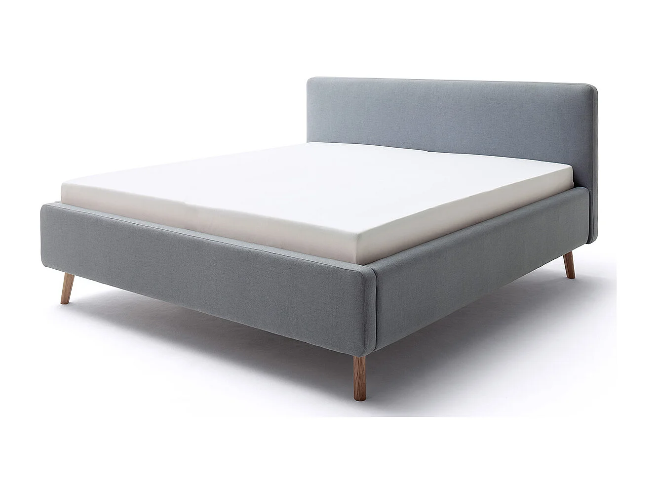 Lit rembourré adulte 160x200cm avec tête de lit en tissu bleu glacier, sommier et coffre