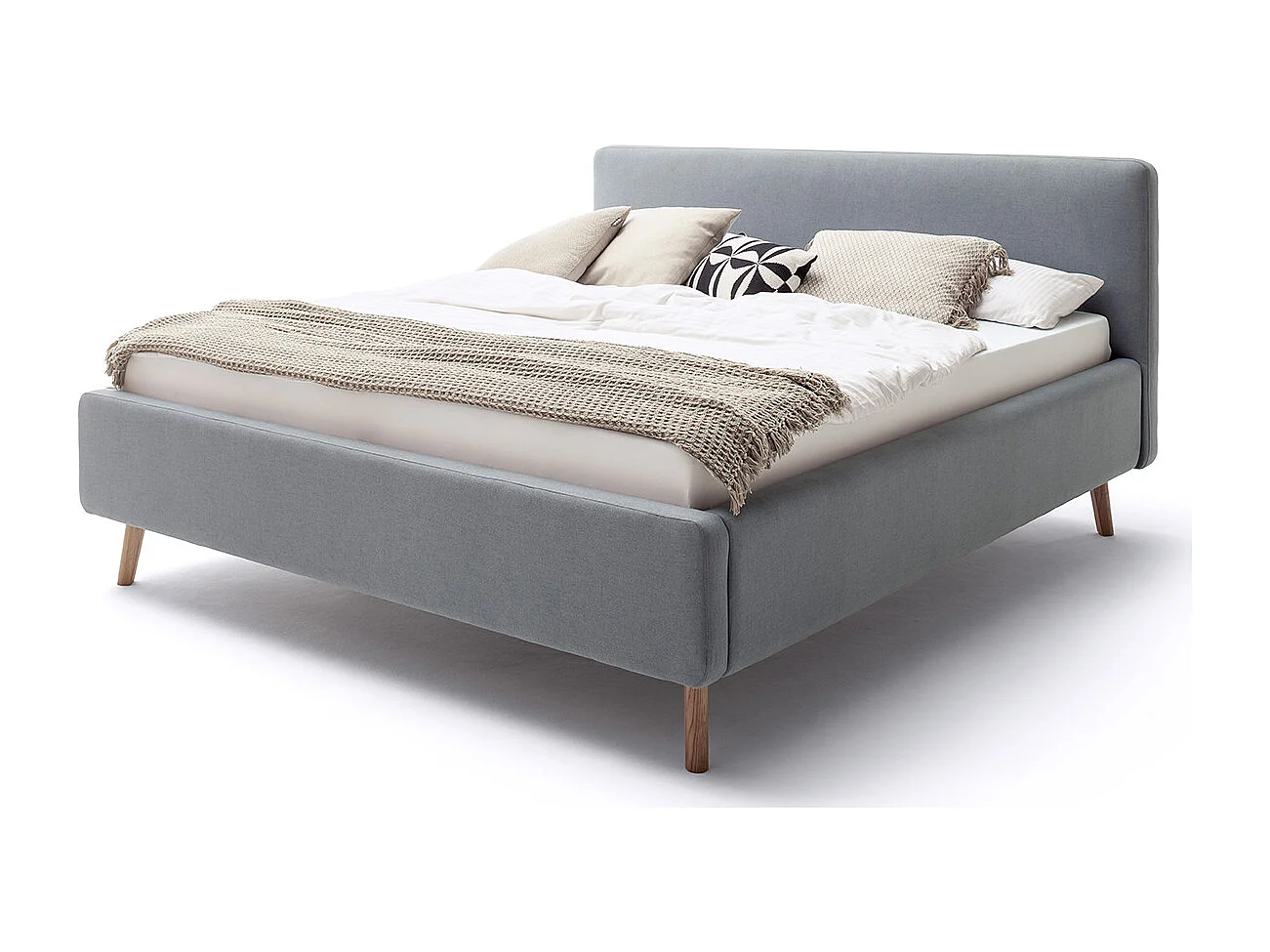 Lit rembourré adulte 160x200cm avec tête de lit en tissu bleu glacier, sommier et coffre