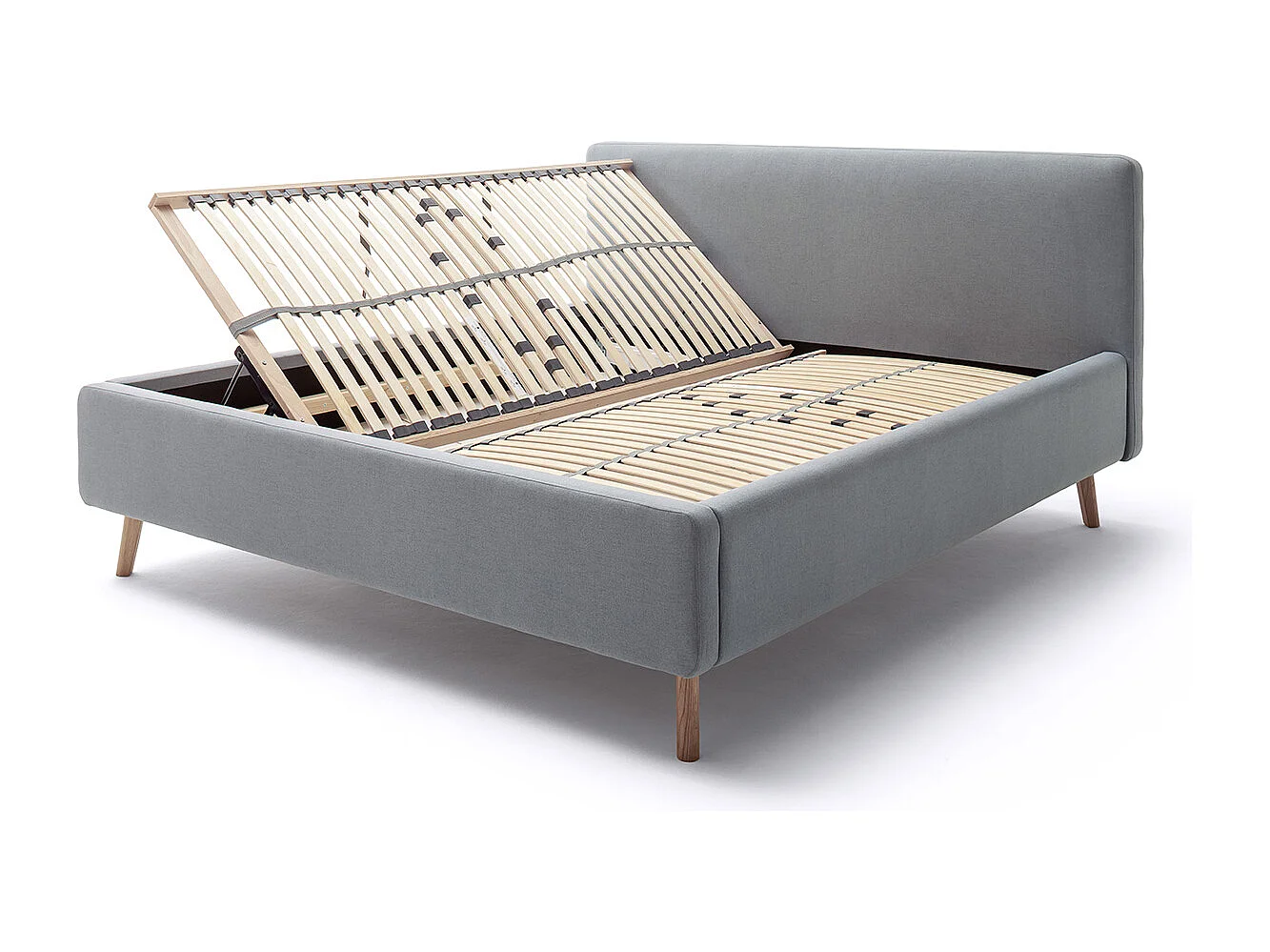 Lit rembourré adulte 160x200cm avec tête de lit en tissu bleu glacier, sommier et coffre