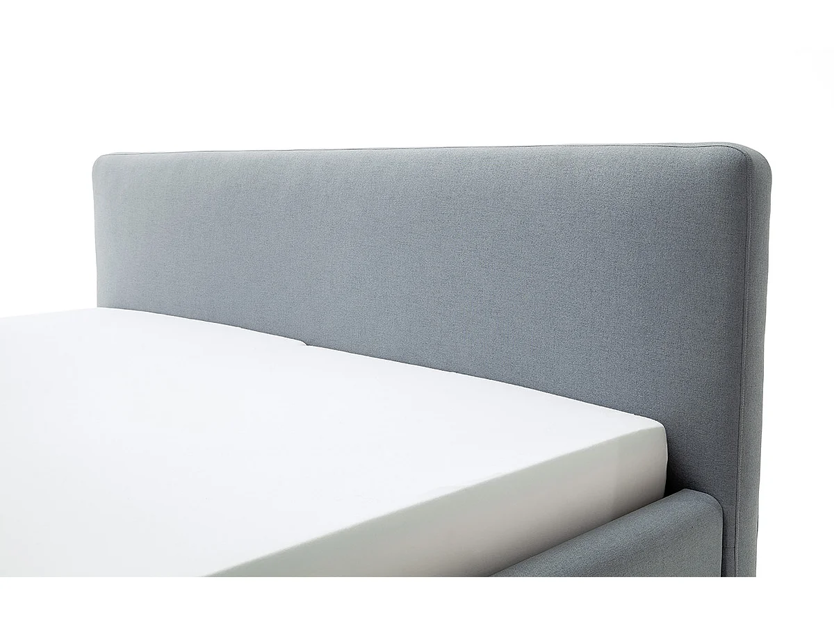 Lit rembourré adulte 160x200cm avec tête de lit en tissu bleu glacier, sommier et coffre