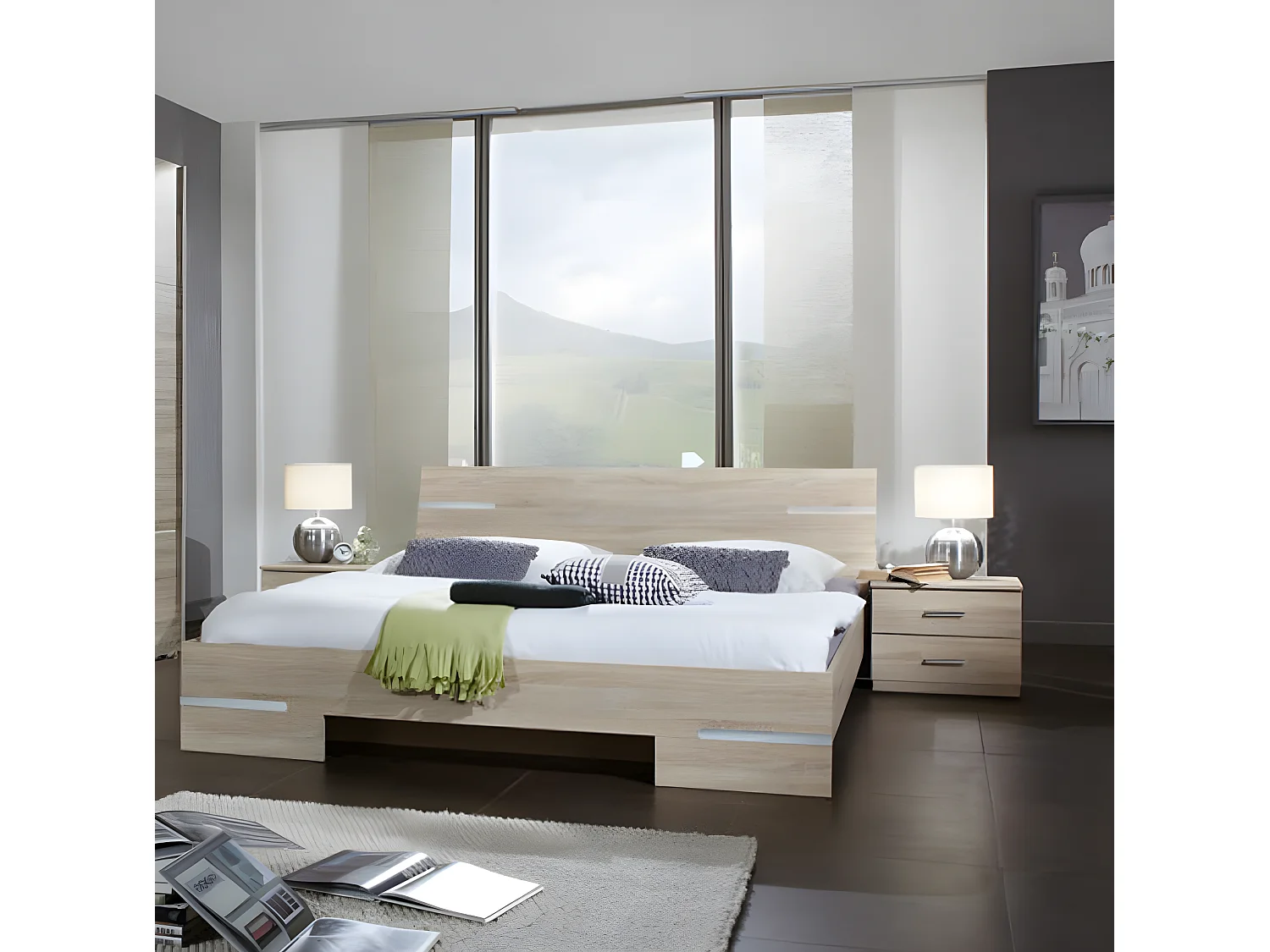 Lit adulte double + chevets coloris imitation chêne Artisan/chrome brillant