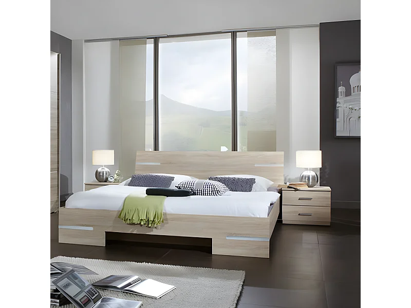 Lit adulte double + chevets coloris imitation chêne Artisan/chrome brillant