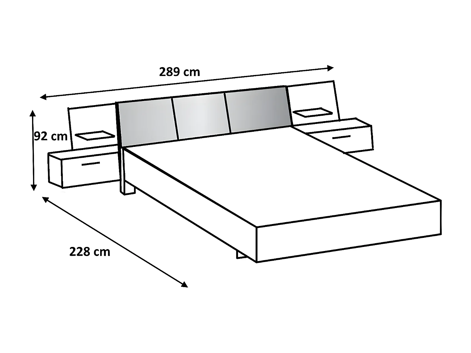 Lit adulte double 180x200 cm + 2 chevets coloris blanc/béton gris clair - L. 289 x P. 210 x H. 92 cm