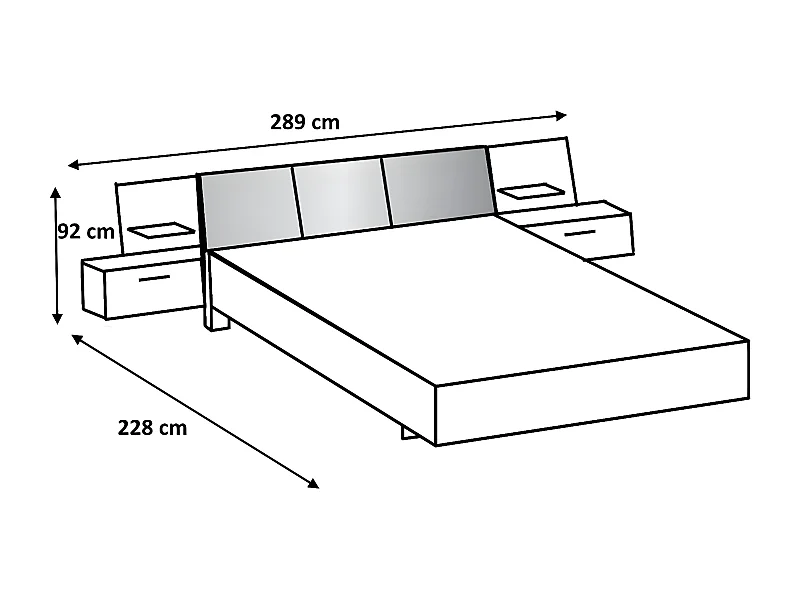 Lit adulte double 180x200 cm + 2 chevets coloris blanc/béton gris clair - L. 289 x P. 210 x H. 92 cm