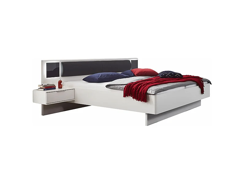 Lit adulte double 180x200 cm + 2 chevets coloris blanc/graphite - L. 289 x P. 210 x H. 92 cm