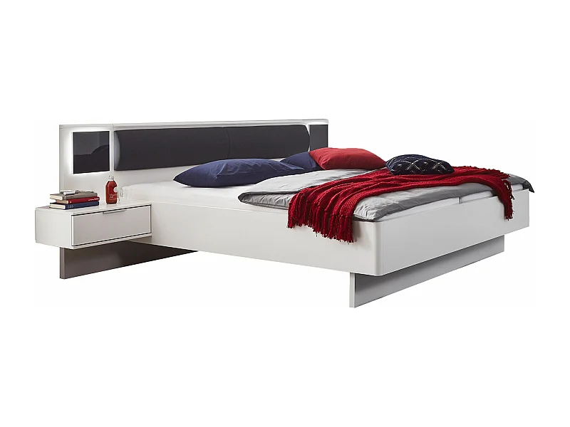 Lit adulte double 180x200 cm + 2 chevets coloris blanc/graphite - L. 289 x P. 210 x H. 92 cm