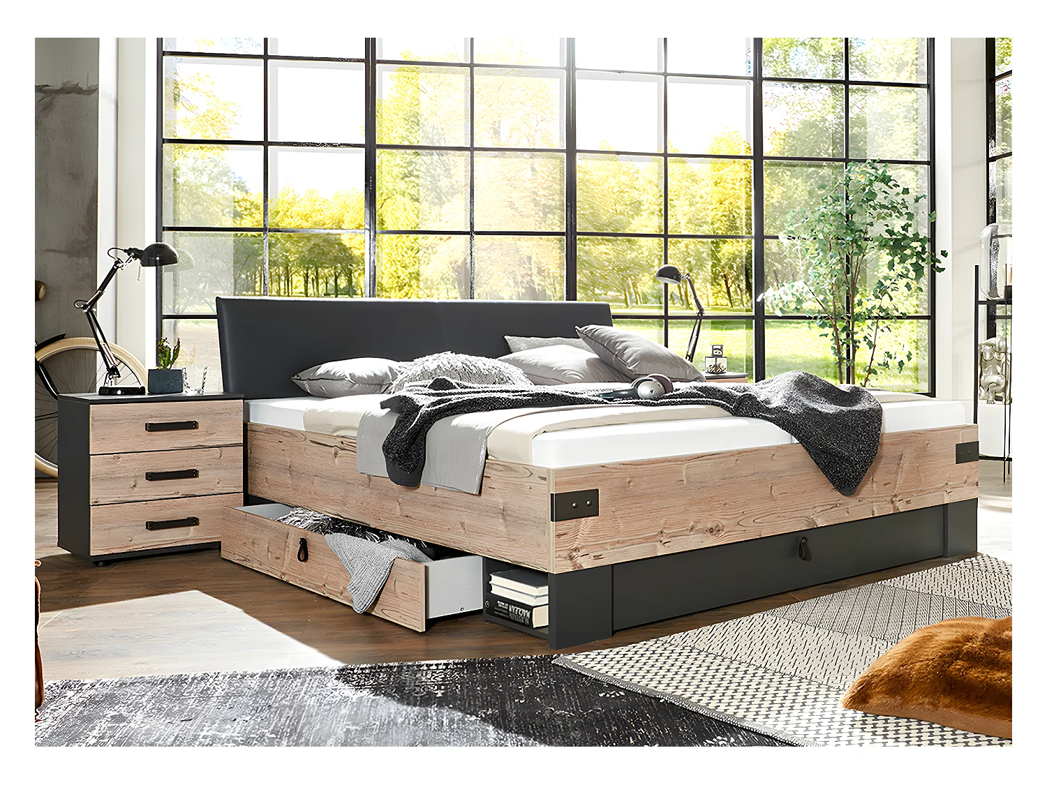 Lit adulte double + 2 chevets coloris imitation chêne/gris foncé - L. 189 x P. 210 x H. 96 cm