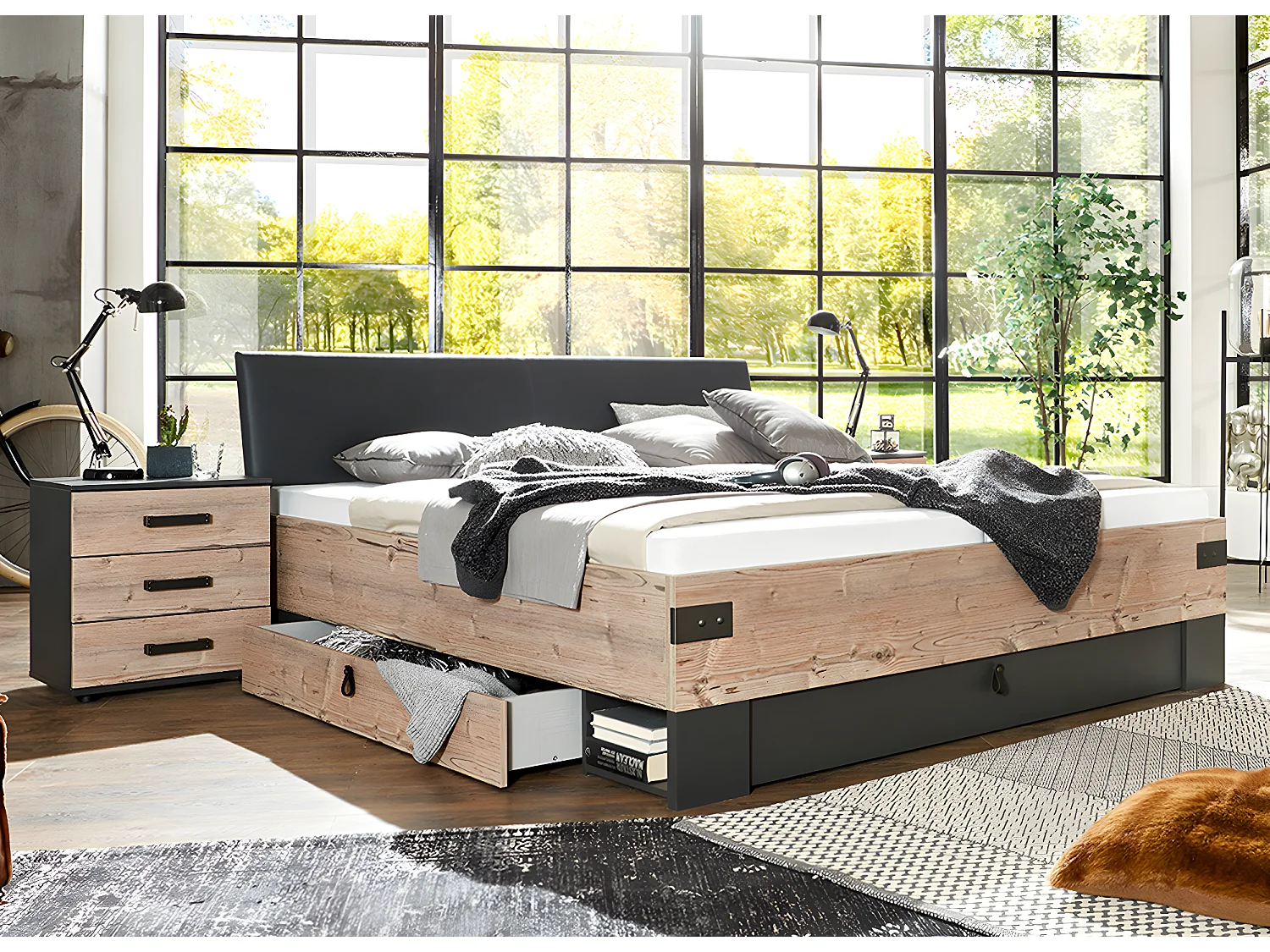 Lit adulte double + 2 chevets coloris imitation chêne/gris foncé - L. 189 x P. 210 x H. 96 cm