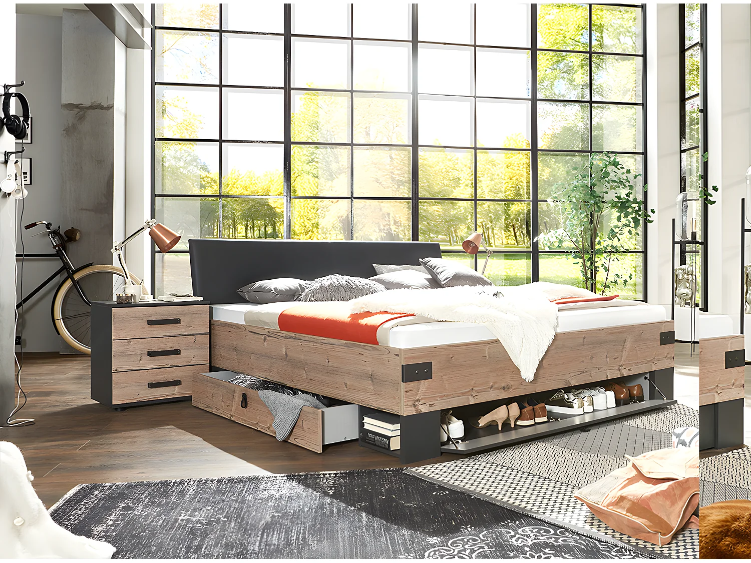 Lit adulte double + 2 chevets coloris imitation chêne/gris foncé - L. 189 x P. 210 x H. 96 cm