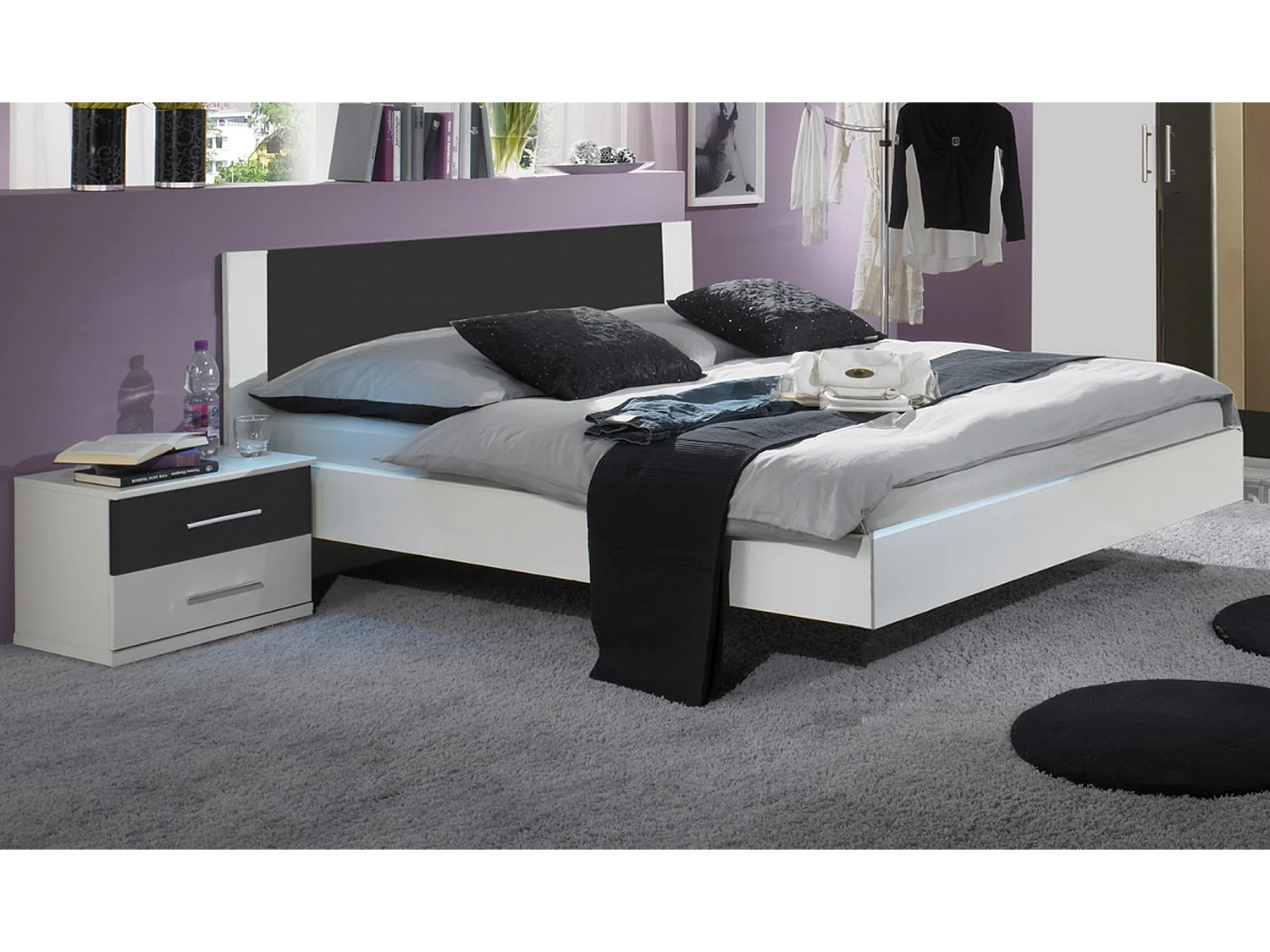 Lit adulte avec 2 chevets 180 X 200 cm coloris blanc/anthracite-PEGANE-