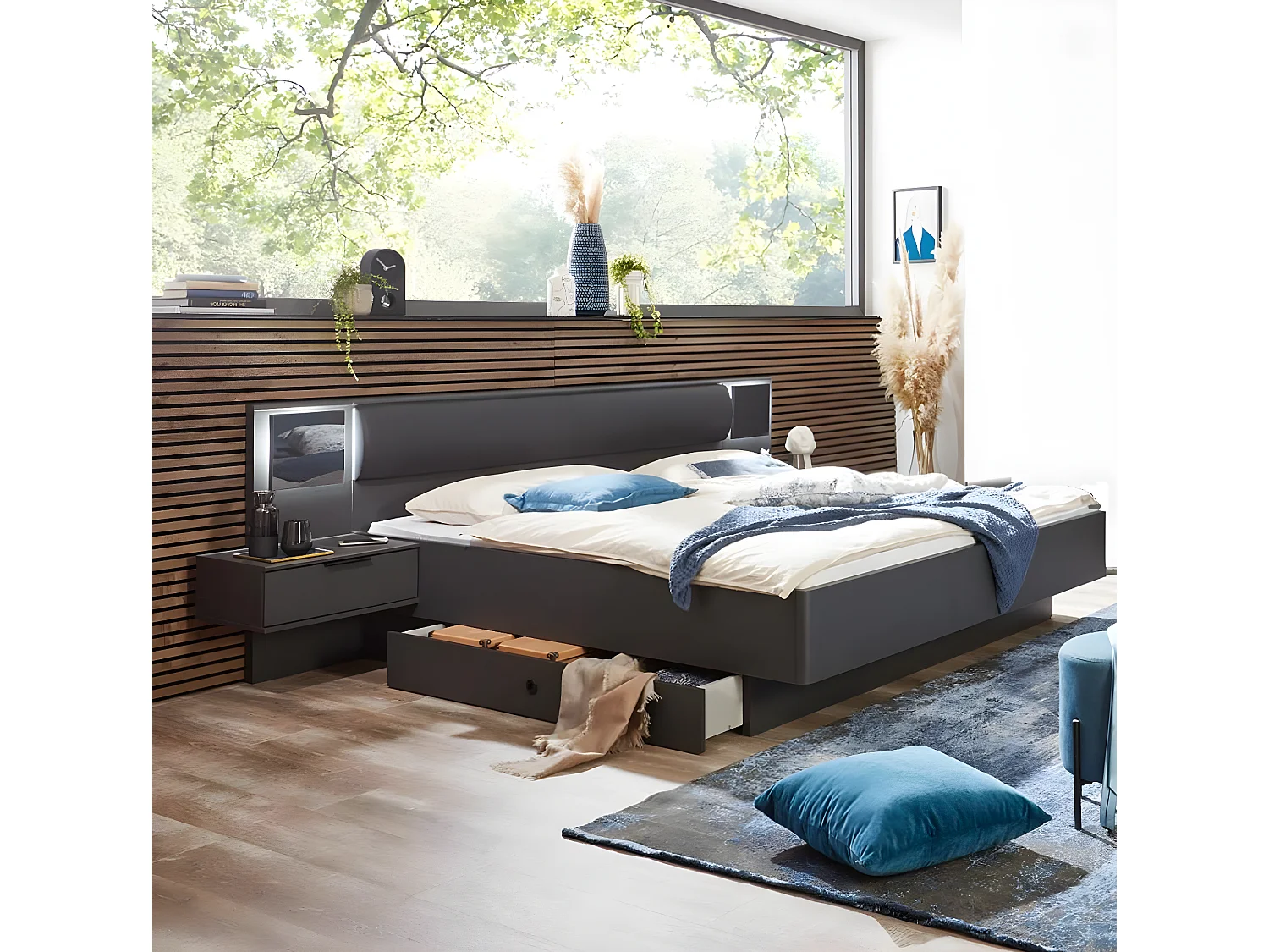 Lit adulte double Queen Size 160 x 200cm + 2 chevets coloris gris graphite