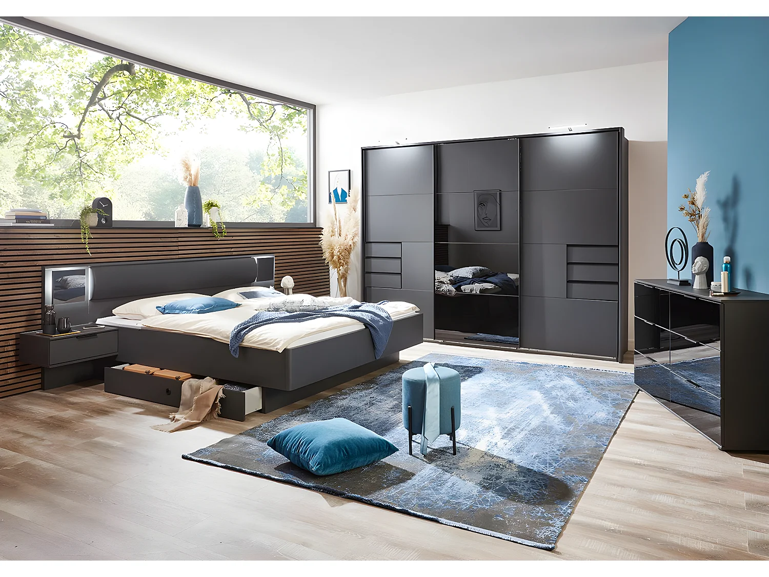 Lit adulte double Queen Size 160 x 200cm + 2 chevets coloris gris graphite